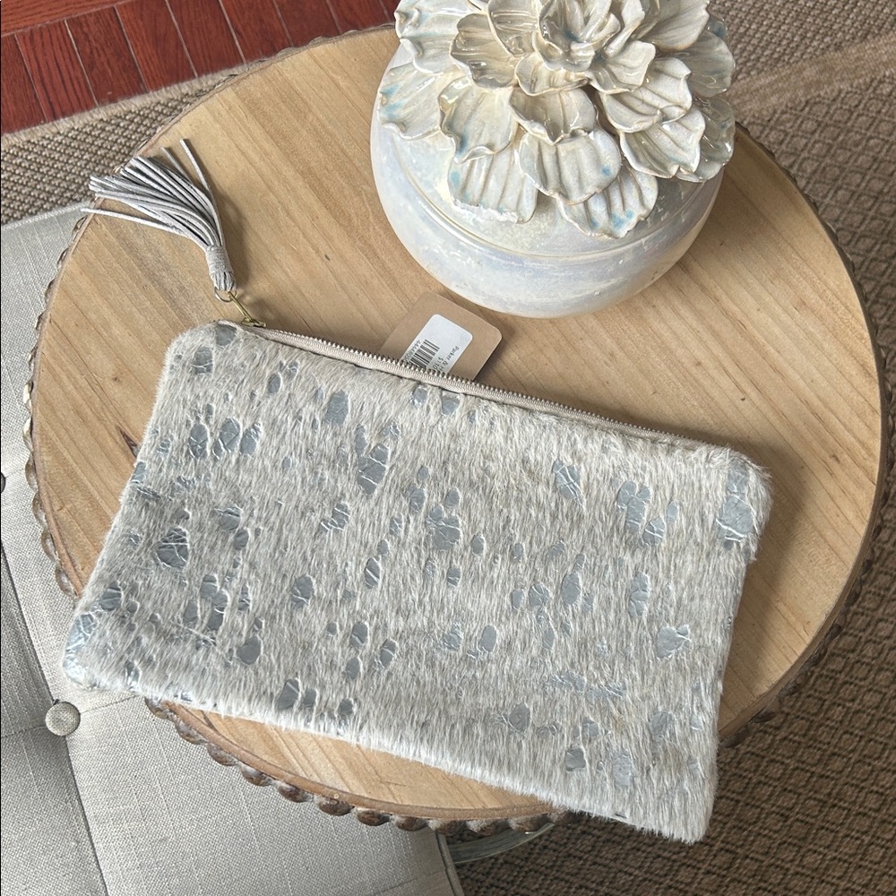 NWT Parker & Hyde CowHyde Tassel Pouch in Silver Metallic